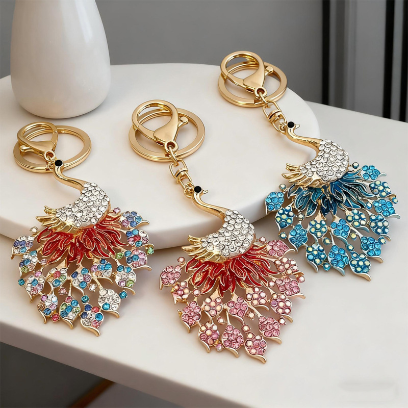 Colorful Luxury Diamond Crystal Peacock Car Keychain Women's Bag Accessories Key Chain Metal Pendant