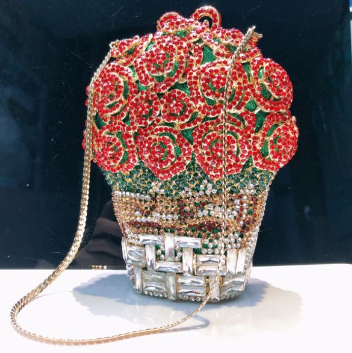 Selección estricta transfronteriza bolsa de cena de moda europea y americana bolsa de fiesta de mano con forma de canasta de flores bolsa de diamantes bolsa de banquete dura