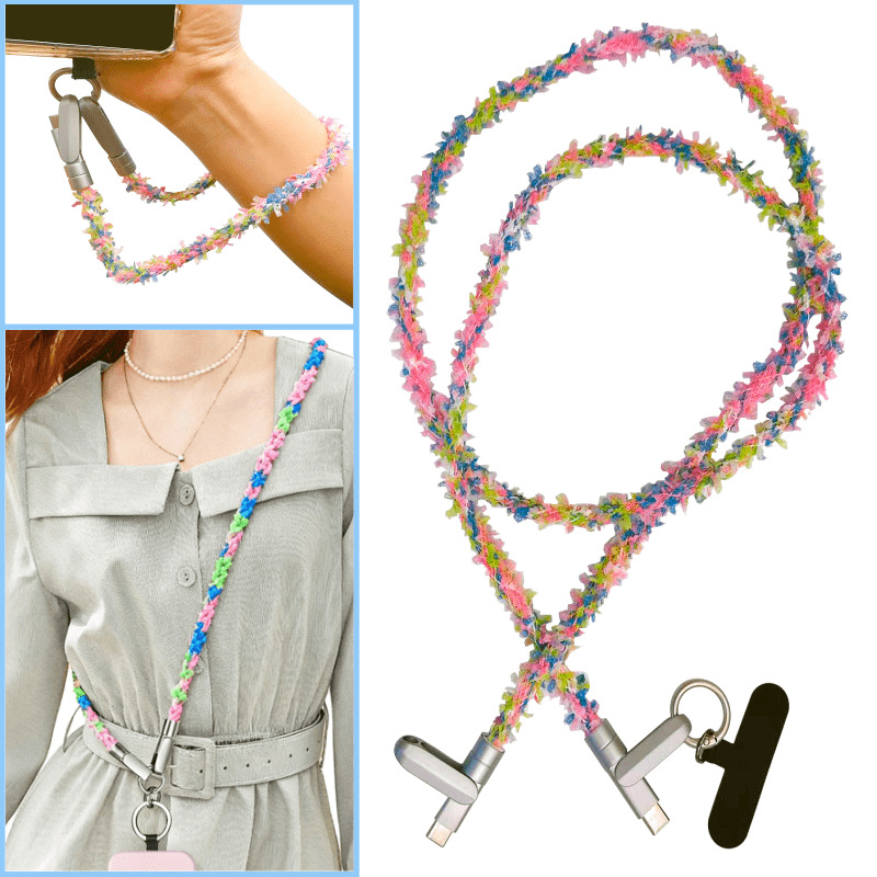 编织花朵手机挂绳充电线100W超级快充PD数据线可斜挎手腕防丢防摔