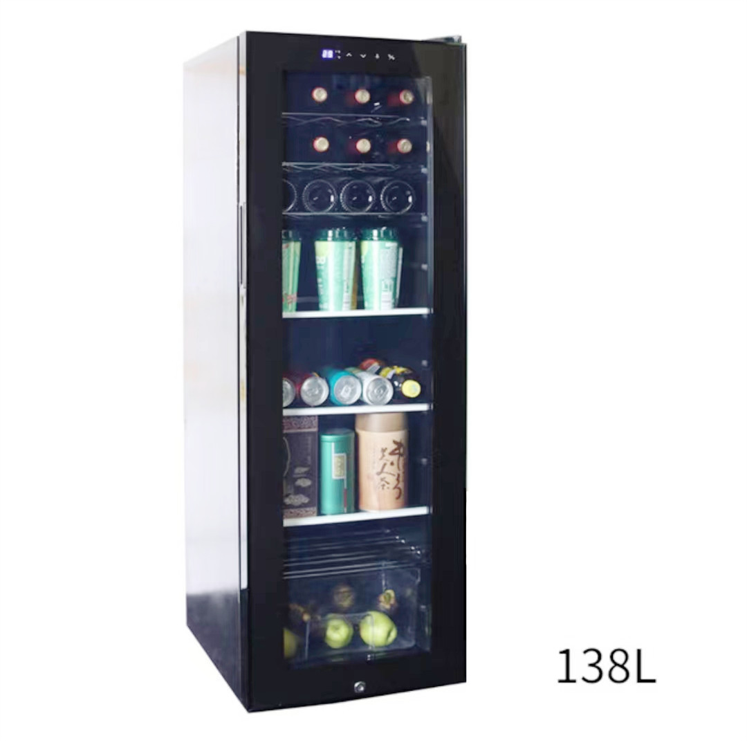 Refrigerador de pantalla refrigerado pequeña puerta de vidrio transparente refrigerado por aire de dos personas lado del mundo abierto puerta única barra de hielo negro 70L