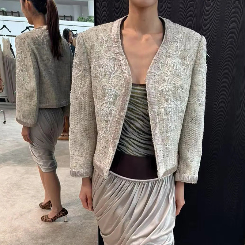 重工钉珠刺绣法式复古拼色边宽松西服奢华显瘦小个子圆领西装外套|undefined