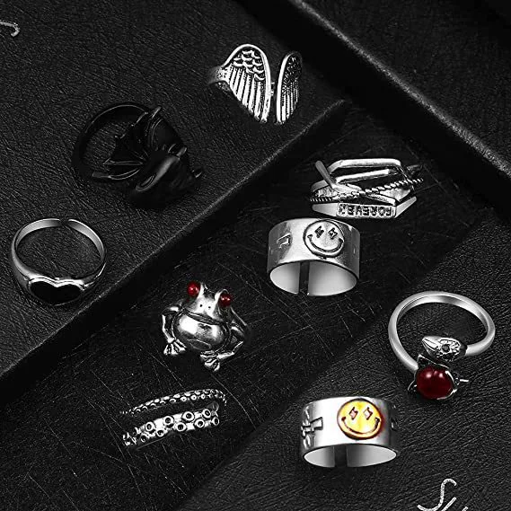 Retro Adjustable Ring Set, Punk Style, Alloy Electroplated, 16-Piece Mix (Adjustable)