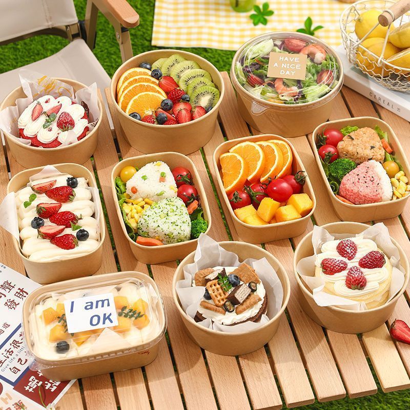Spring Picnic Camping Disposable Lunch Box Kraft Paper Packaging Box Sushi Box Light Salad Bowl Fruit Lunch Box