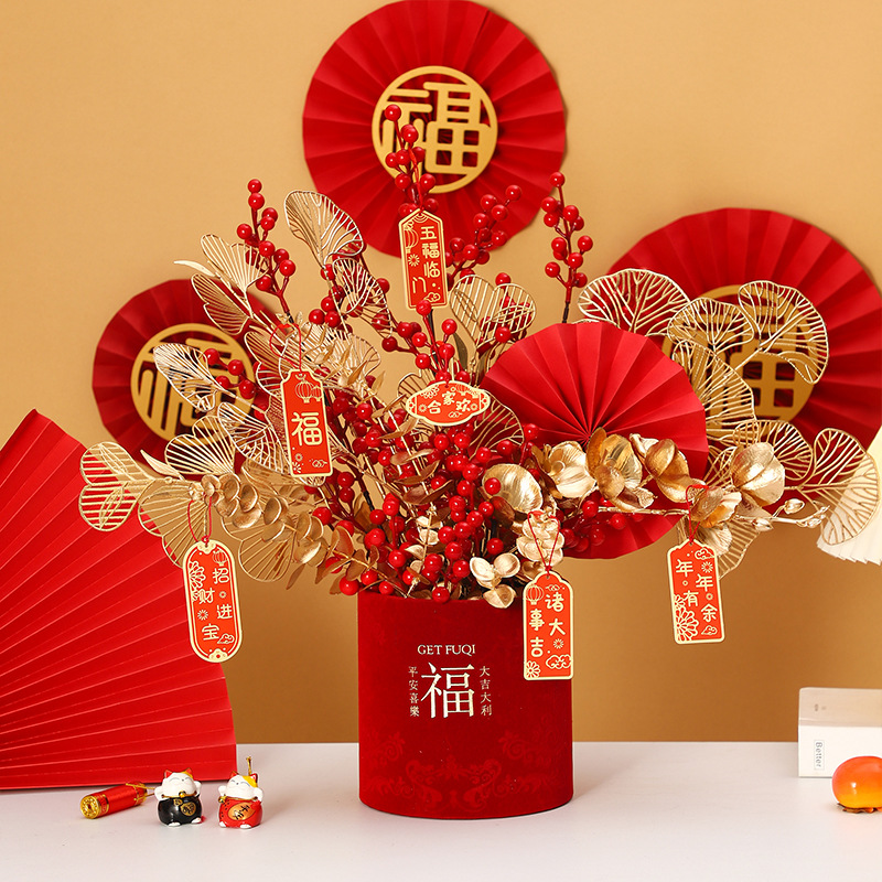 Año Nuevo de terciopelo, decoración roja del Festival de Primavera, flores rojas, flores de Año Nuevo, barril de flores de sauce de plata, barril de abrazo de Año Nuevo.