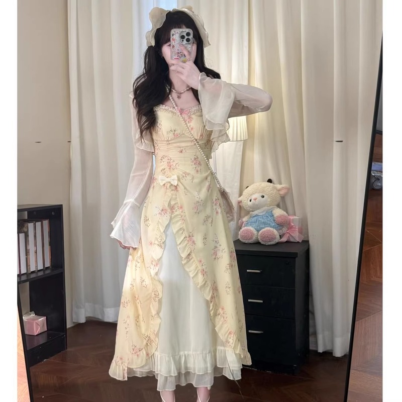 新しい中国風の女の子のニッチなデザインの新しい夏の甘くてスパイシーでかわいい花柄スカートと白いカーディガンの2点セット|undefined