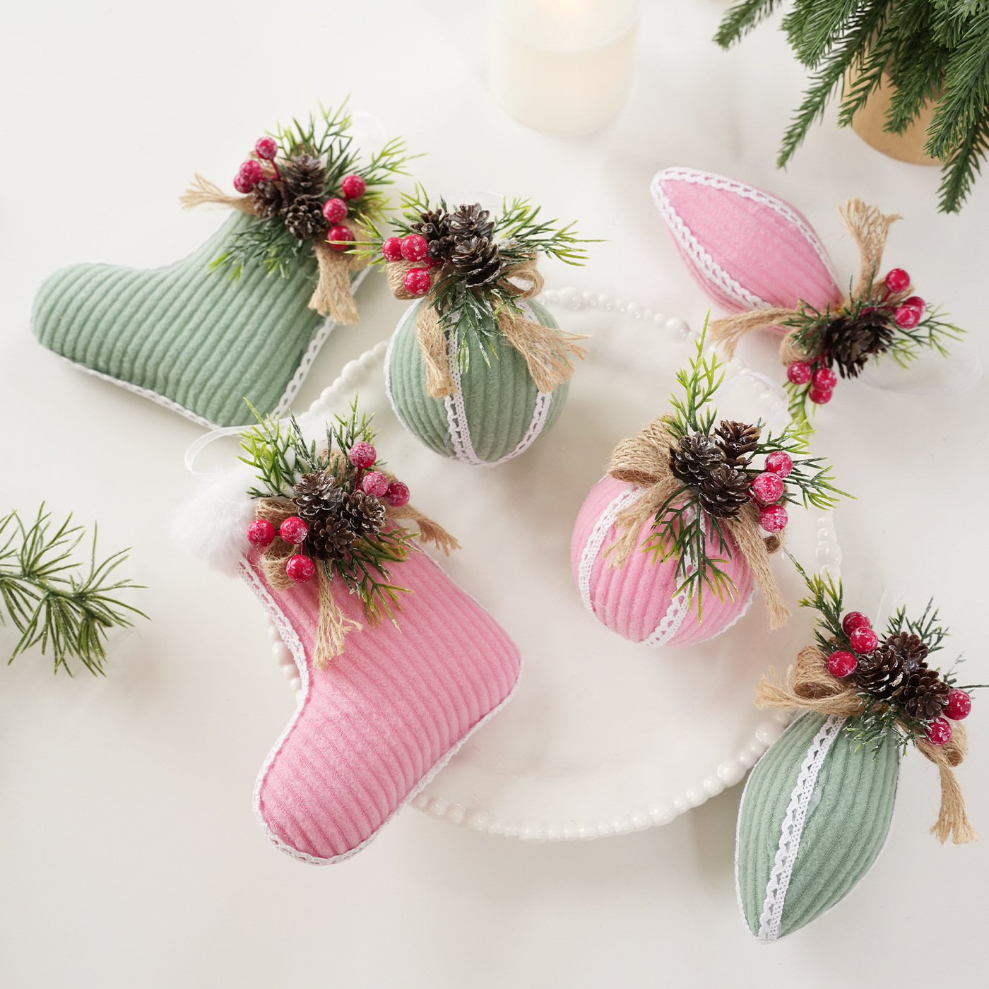 Tela transfronteriza calcetines de Navidad bordes blancos bola de Navidad pinos fruta creativa árbol de Navidad colgante colgante decoración