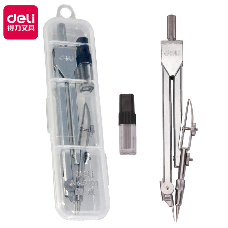 Deli 8601 compass lead core 2-piece set for metal students drawing measurement learning stationery engineering design