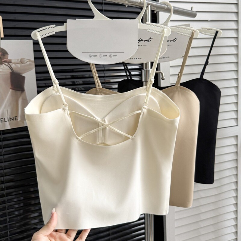 1266 # Floral Pattern Seamless Camisole with Fixed Cups and Cross-Back Design, Spring/Summer Base Layer, Ice Silk, Beautiful Back 1266 # Floral Pattern Seamless Camisole with Fixed Cups and Cross-Back Design, Spring/Summer Base Layer, Ice Silk, Beautiful Back