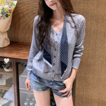 韩系优雅绝美纯色飘带领长袖针织开衫女秋季款高级感洋气外套上衣|undefined