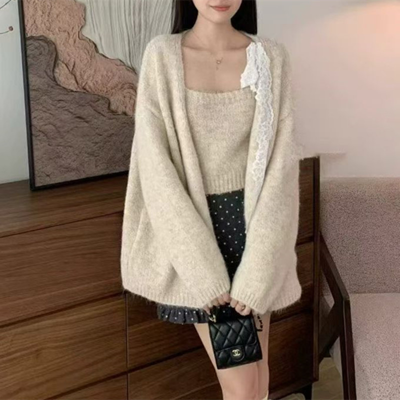 蕾丝系带背心针织开衫两件套装早秋温柔风设计感女显瘦百搭厚外套|undefined