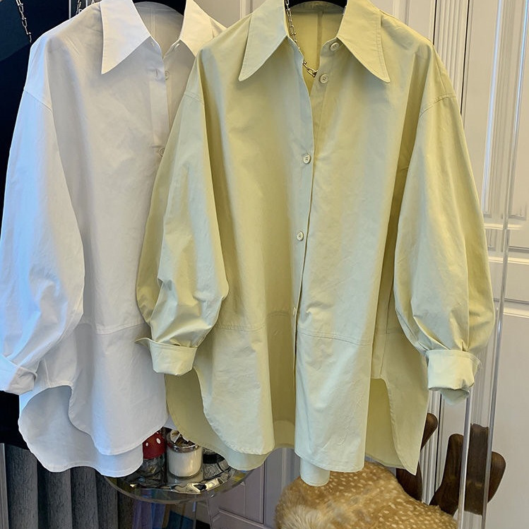 Simple Point Collar Large Edition Shirt Top Women's Long-sleeved Loose Stitching Design Niche Shirt