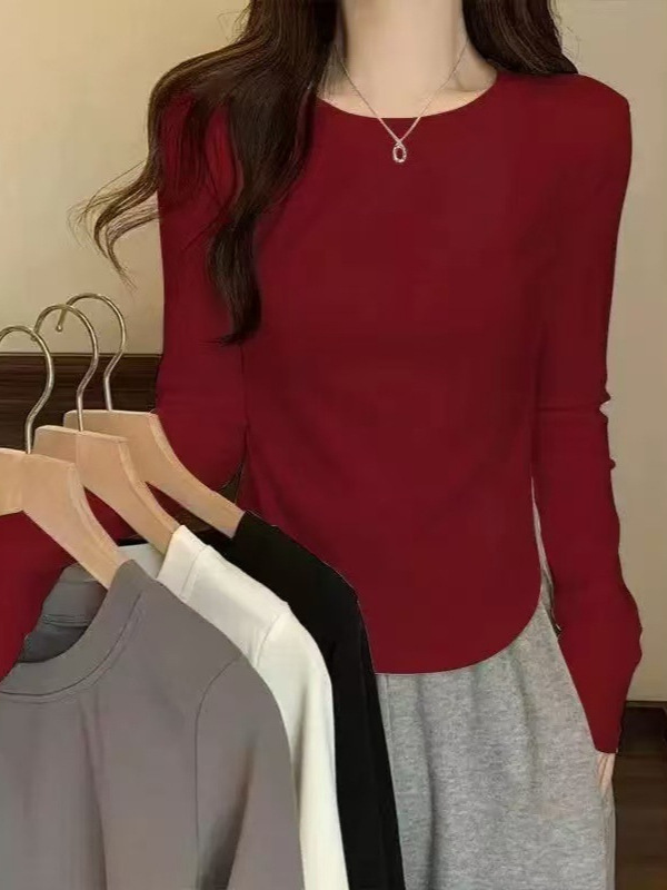 正肩纯棉长袖t恤女秋季新款下摆不规则设计感纯欲风显瘦打底衫INS|undefined
