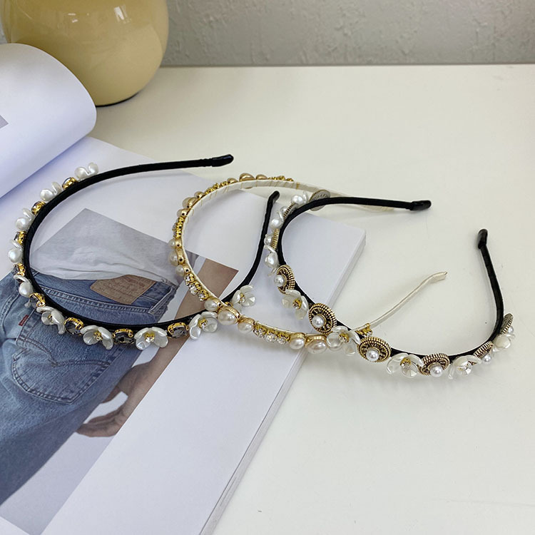 38g Weight Headwear Classification Plaid, Flower Pattern Women'S Gender Black Color Korean Version Pearl Flower Full Diamond Headband 2