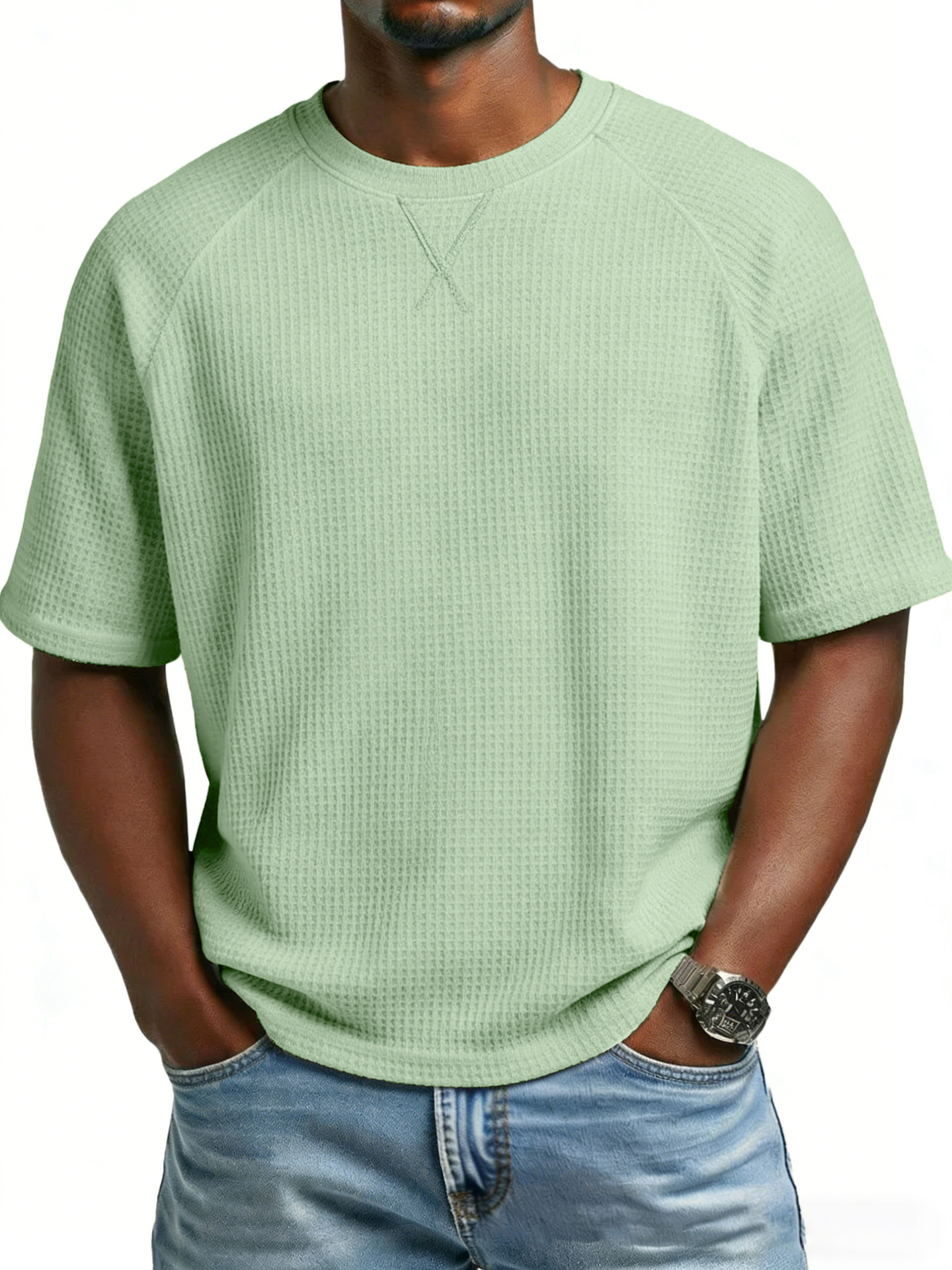 Europa y los Estados Unidos primavera y verano estación independiente transfronteriza hombre waffle de punto de manga de hombro cuello redondo TK manga corta camiseta de comercio exterior de hombre