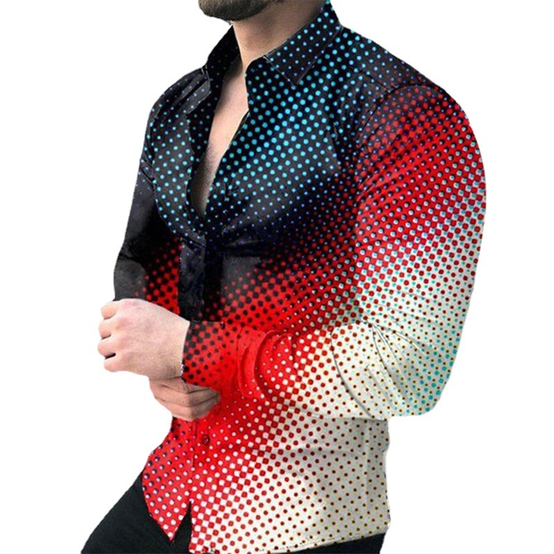 2025 Export European and American New Spring & Fall Men's Long-Sleeved Polka Dot Printed Shirt Large Size Top Gradient Color Shirt for Men