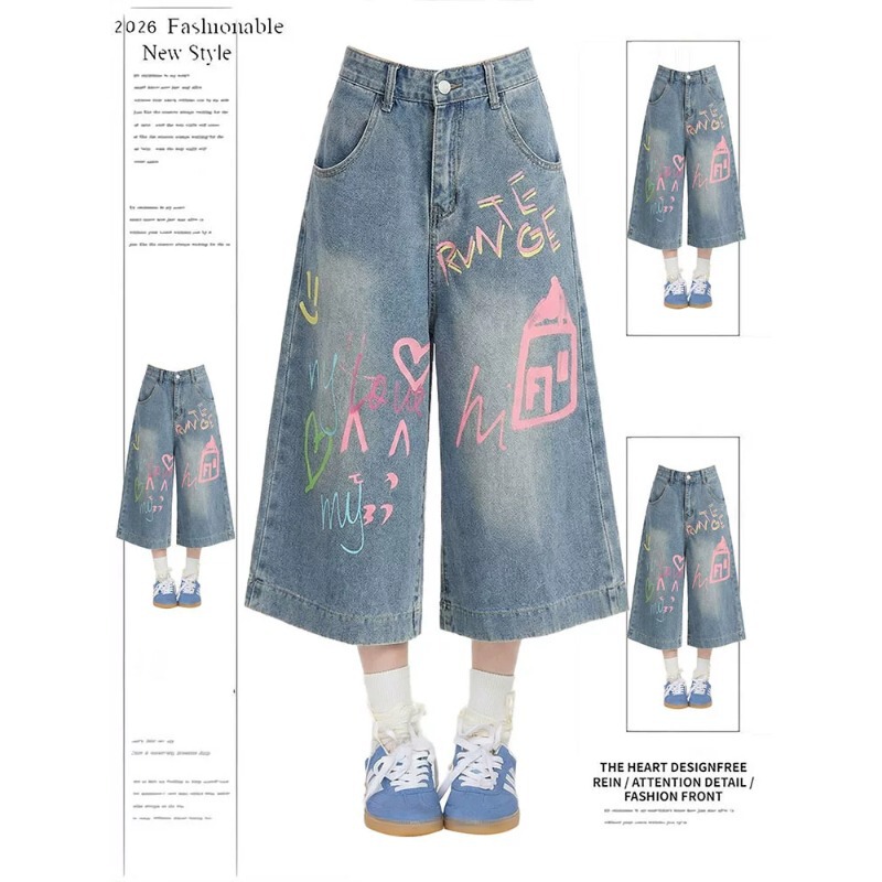 Dopamine Style Graffiti Denim Cropped Pants for Women, Summer Wide-Leg Loose Straight Street Casual Shorts Dopamine Style Graffiti Denim Cropped Pants for Women, Summer Wide-Leg Loose Straight Street Casual Shorts