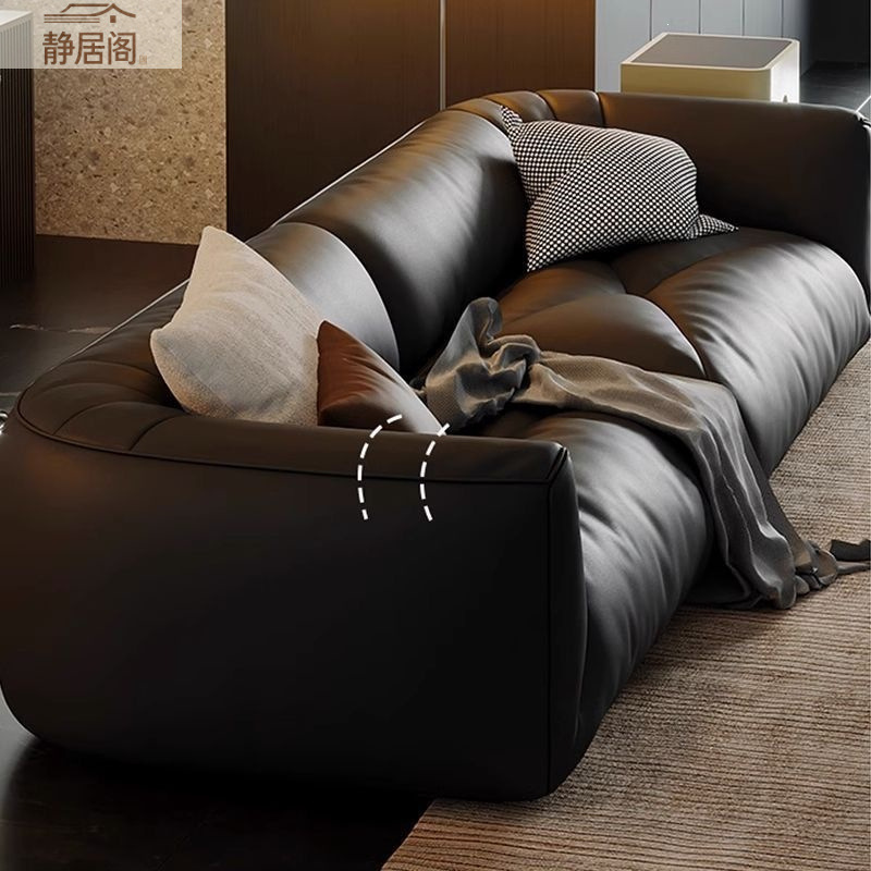 Italian-style genuine leather sofa, puff-style, for small living rooms, high-end, comfortable, straight-line, black, vintage-style leather sofa