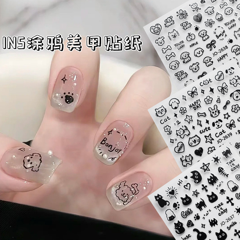 Cartoon Graffiti Nail Art Sticker Cute Cat Puppy Black and White Simple Style All-match Nail Art Nail Decoration Decal