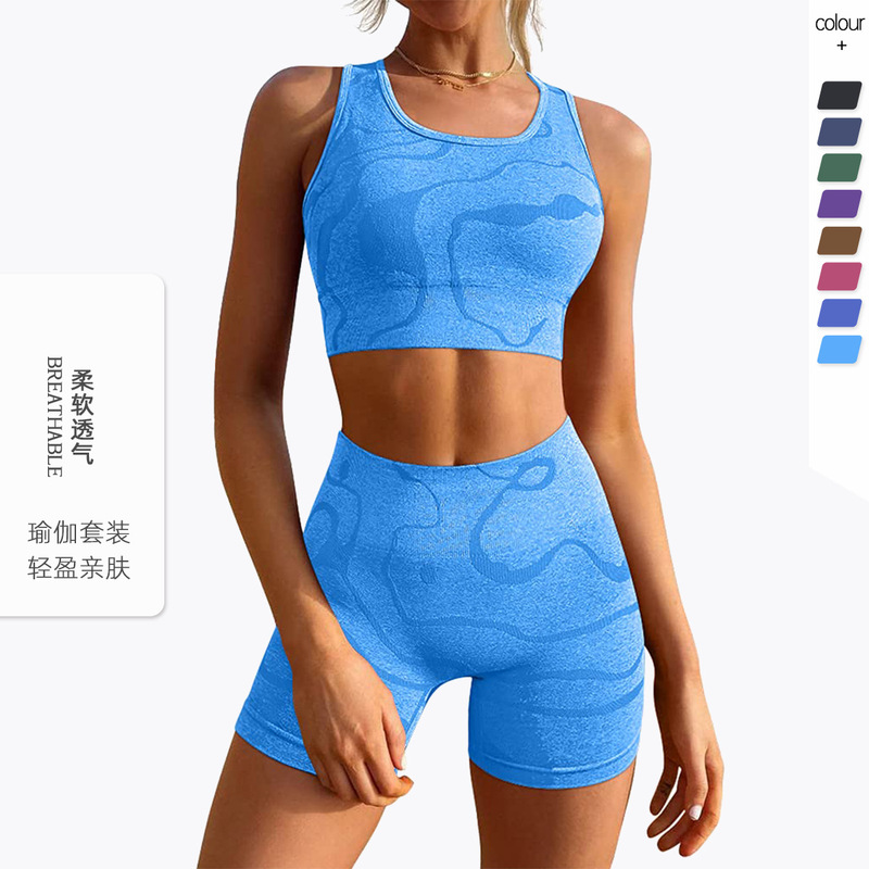 【】Fitness Clothing Running Sports Suit Summer High Waist Hip Lifting Shockproof Seamless Yoga Clothing Quick Drying Breathable Tight