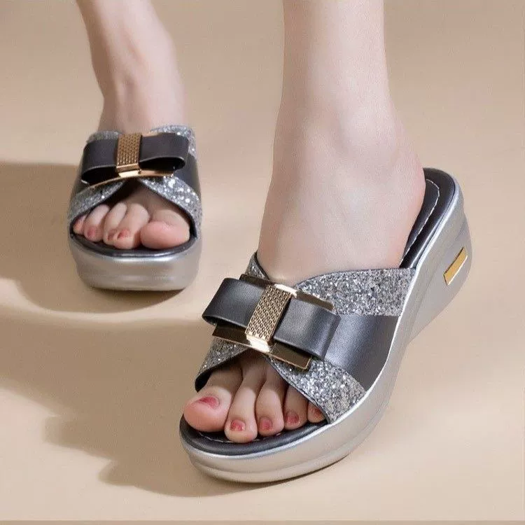 Тапочки женский 2024 летний новый модный внешний вид носить толстый нижний склон на каблуке женский яркий бант слово тапочки сандалии