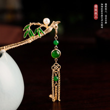 好货式绿色竹子发簪盘发旗袍马面裙百搭配饰长流苏古典通勤头饰