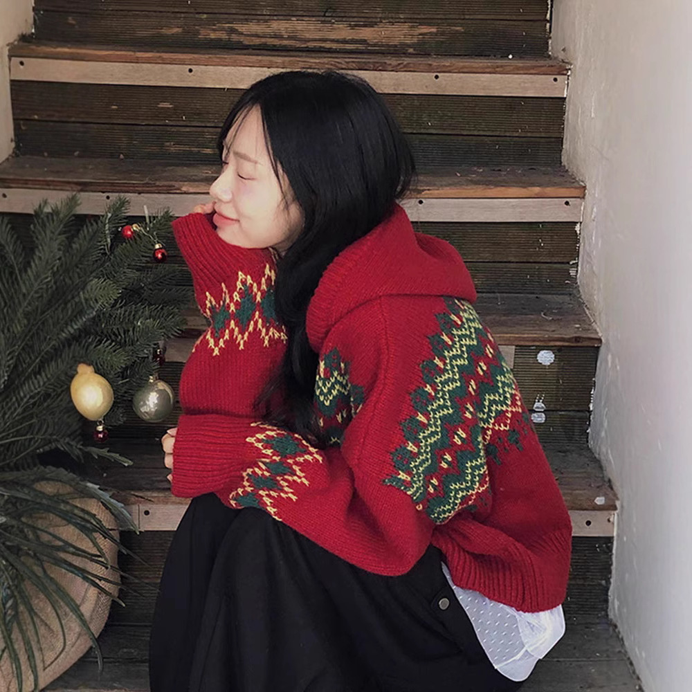 European Style Contrast Color Fair Island Jacquard Loose-fitting Long Sleeve Hoodie Sweater Coat