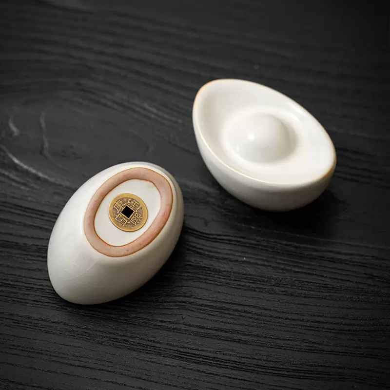 米黄汝窑盖置创意元宝茶桌摆件茶壶盖托开片汝瓷茶玩茶宠茶具配件