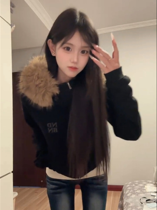 美式高街黑色显瘦字母毛领连帽长袖卫衣女春秋收腰原宿风开衫上衣|undefined