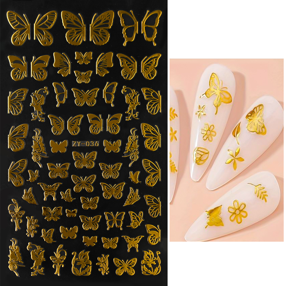Venta caliente transfronteriza de uñas pegatinas de mariposa delgada dorada láser oro y plata mariposa adhesivo autoadhesivo decoración de uñas calcomanías