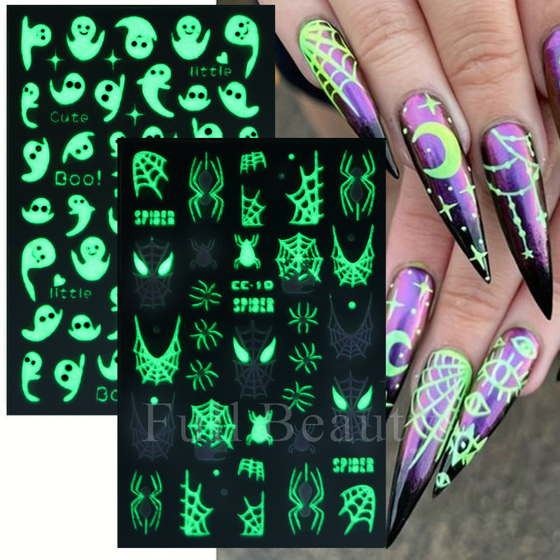 越境新作ネイルステッカーinsハロウィーン夜光蜘蛛網幽霊小鬼蜘蛛爪貼りnail|undefined