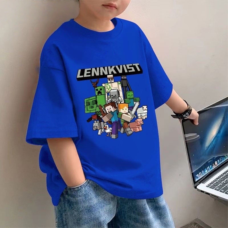 男の子の新しい純綿半袖Tシャツ夏子供用Minecraftコレクションプリントルーズ中型および大型子供用トップストレンディ|undefined