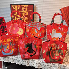 小众设计结婚红纹手提包喜庆帆布伴手礼袋圣诞印花新年手拎水桶包