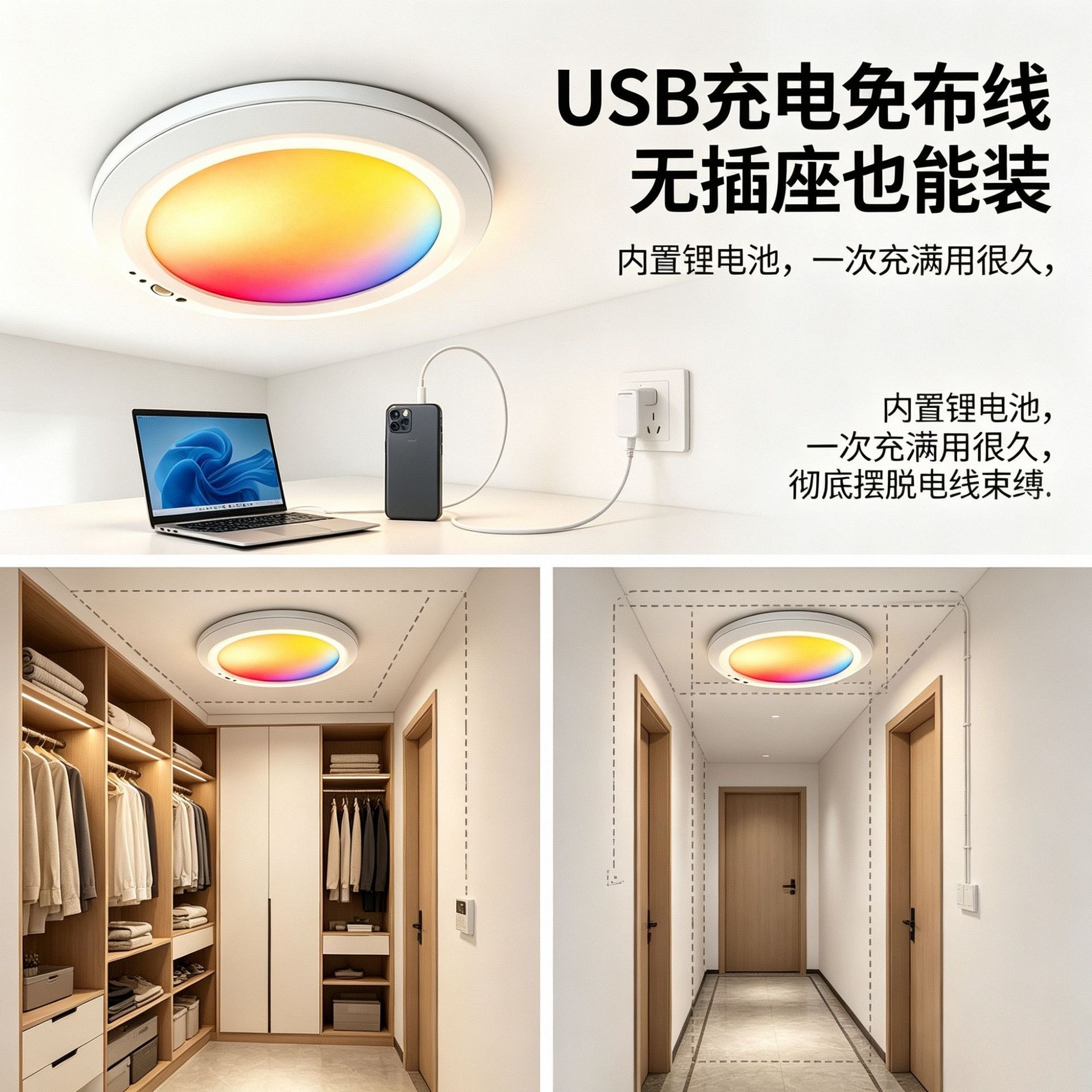 Aufladbare RGB-Fernbedienung Infrarot-Bewegungsmelder Deckenleuchte für Eingangsbereich, Vitrine, Balkon, Flur und Treppenhaus
