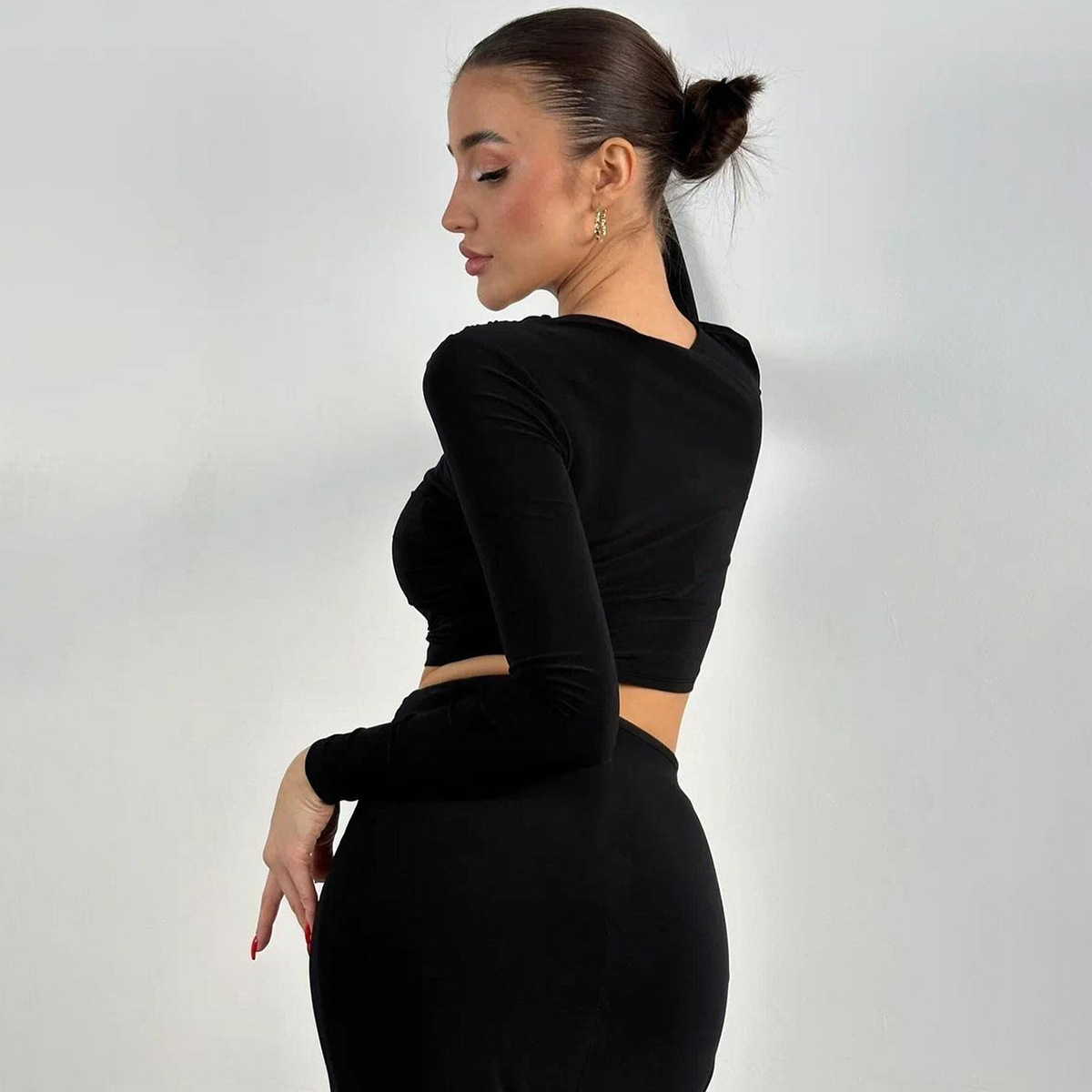 European American Style Women's Clothing 2024 Autumn And Winter New Foreign Trade Round-neck Long-sleeve Crop Top_ecoleips.com