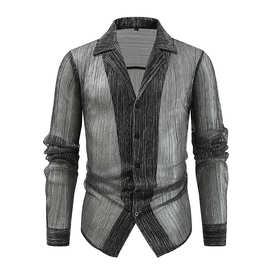 2024外贸欧美跨境外贸男装上衣新款wish男长袖纽扣麻衬衫网纱