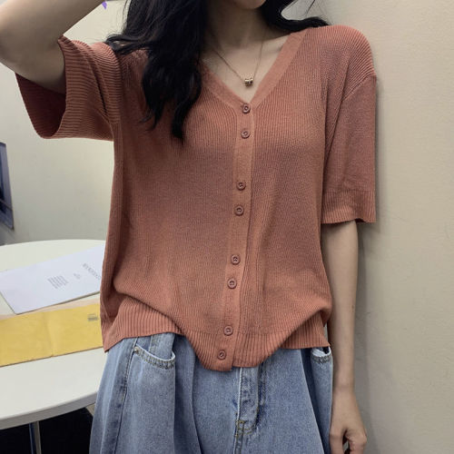 V-neck women's spring and summer 2025 retro gentle thin ice silk short-sleeve black short bm knit sweater