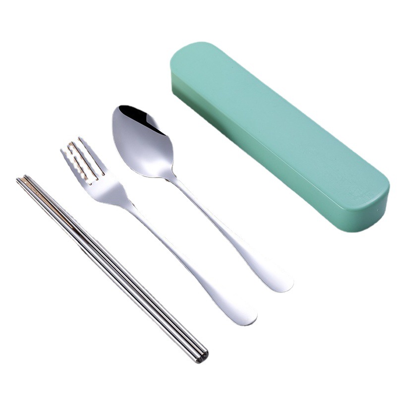 Juego de vajilla de acero inoxidable cuchillo, tenedor y cuchara vajilla portátil de tres piezas caja de regalo al aire libre vajilla de una pieza conjunto de cuatro piezas