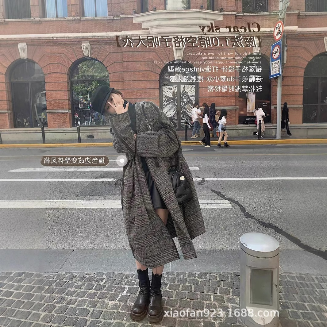 【预定】连帽女巫斗篷毛呢大衣女春季小个子英伦风过膝中长款风衣