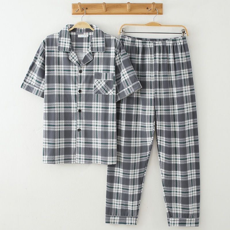 Pijamas de algodón de los hombres de primavera y verano Pantalones delgados de manga corta cardigan niños pueden usar fuera más tamaño homewear de verano