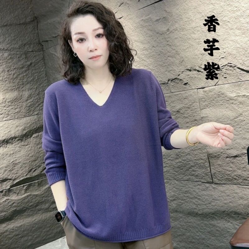 New Solid Color Cotton Knitted Sweater Women's Fashionable Western Style Top Slimming All-match Loose Breathable Elegant