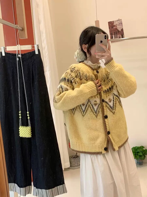 2025新款针织开衫甜美减龄秋冬超厚重磅费尔岛圆领毛衣外套女|undefined