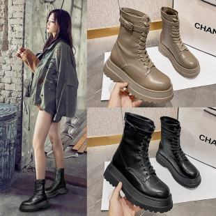 Big-Toe Boots for Women 2024 Paris New Retro Thick-Soled Heightening Mid-Calf Boots Double Zipper Motorcycle Short Boots for Women