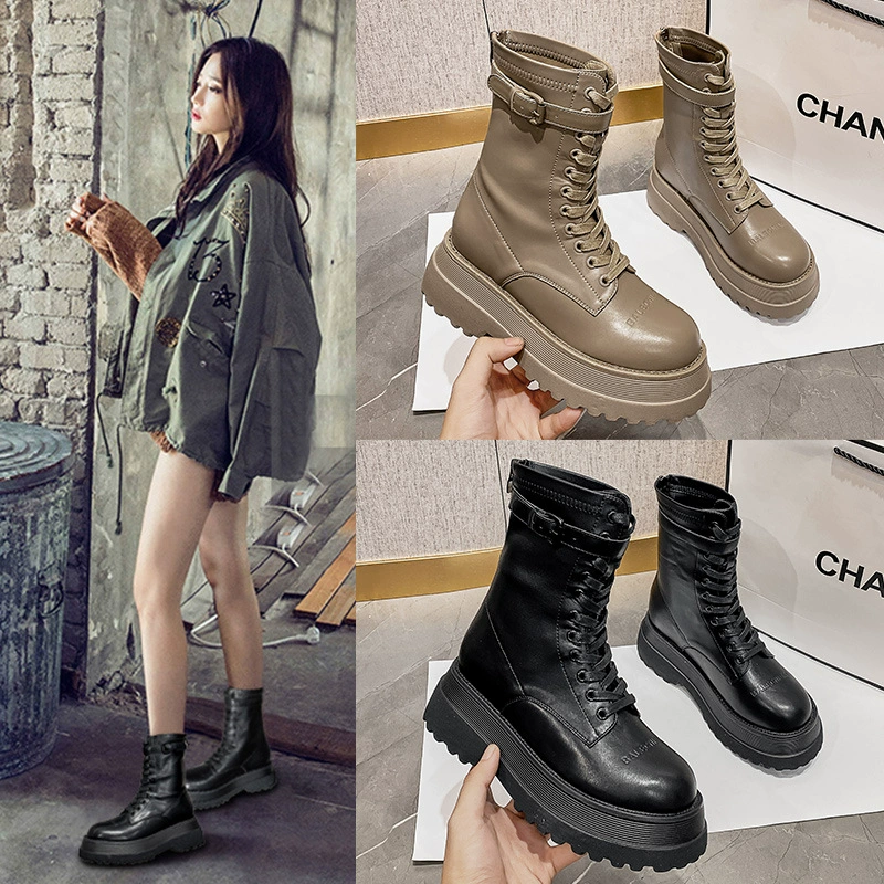 Женские ботинки Big-toe Martin 2024, новые ретро-модели из Парижа, на толстой подошве, увеличивающие рост, до середины икры, с двойной молнией, короткие мотоциклетные ботинки, трендовые
