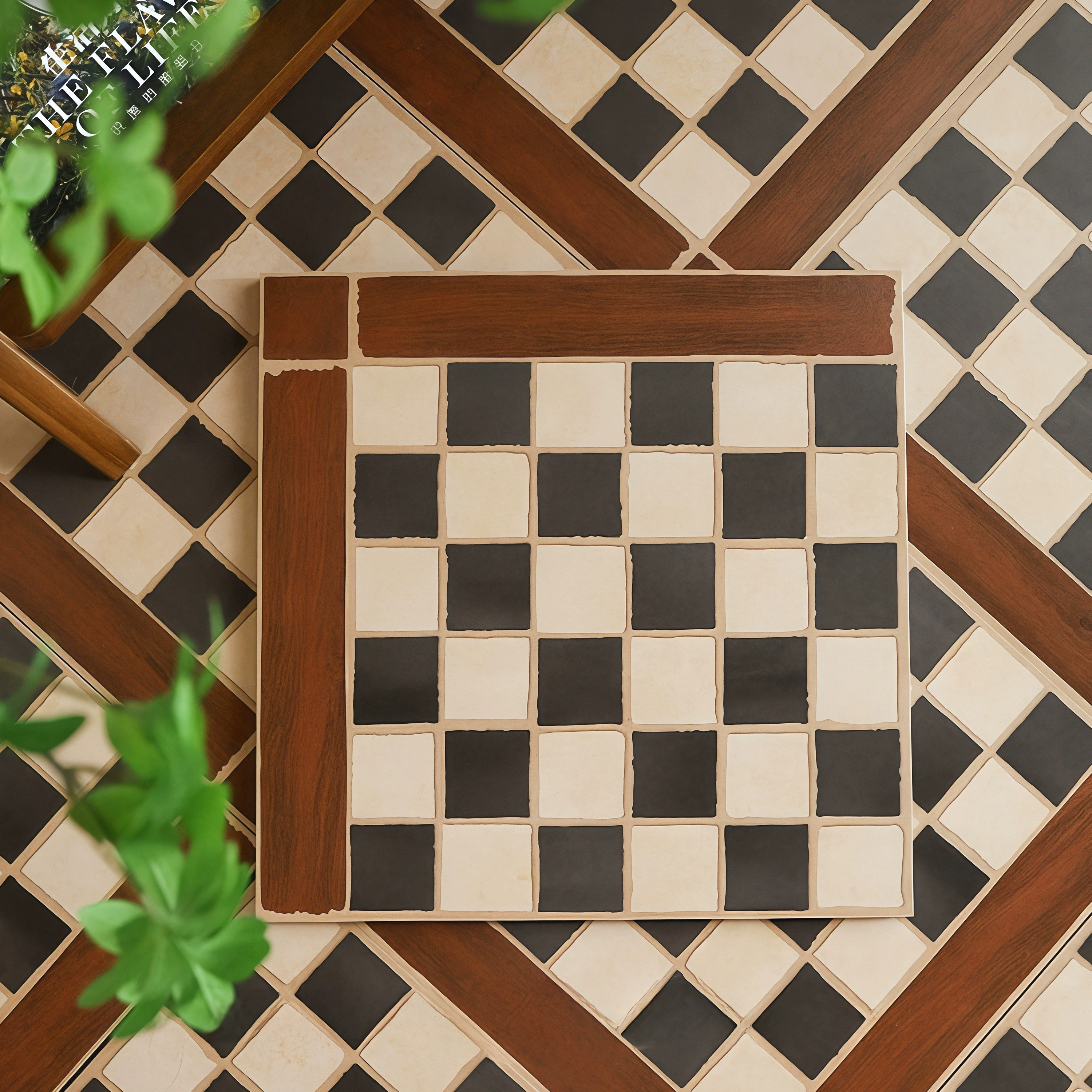 Средневековый стиль, черно-белая клетчатая мозаика под дерево, плитка для ванной комнаты, противоскользящая, кафе, матовый карамельный цвет