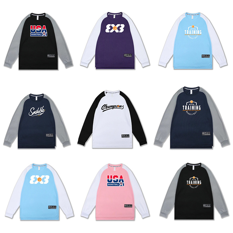 New men's quick-drying sports t-shirt with prints, breathable fitness running top long sleeve basketball uniform shooting training top