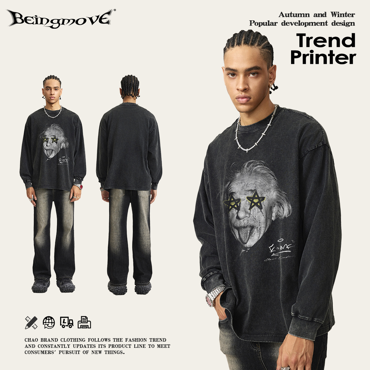 2025 otoño estilo americano de moda divertido avatar Einstein camiseta de manga larga cuello redondo vintage blusa suelta hombre