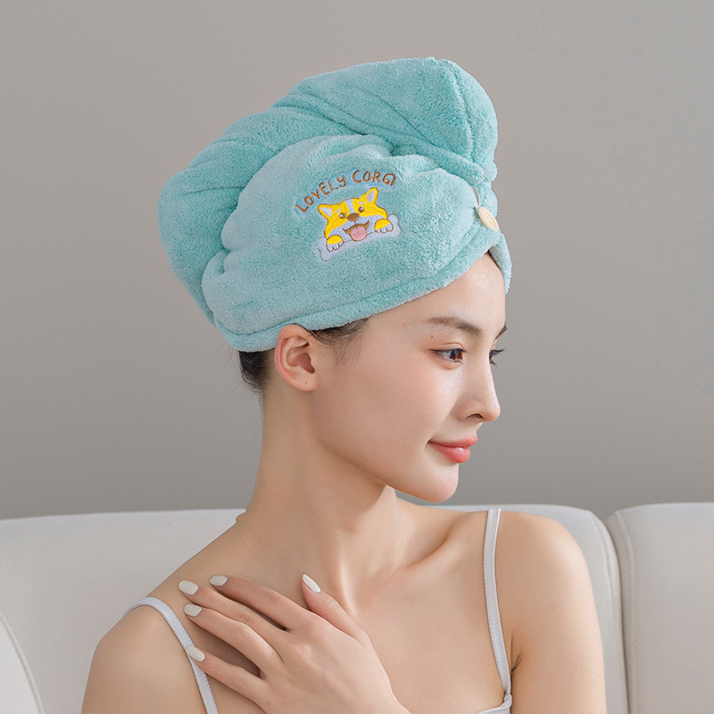 New Coral Velvet Cartoon Embroidered Hair-Drying Cap for Women – Long Hair, Thickened, Absorbent, Cute Bath Hat & Head Towel Available in Bulk
