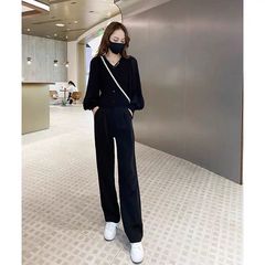 秋冬气质时尚套装女小个子设计泡泡袖雪纺衫休闲高腰阔腿裤两件套