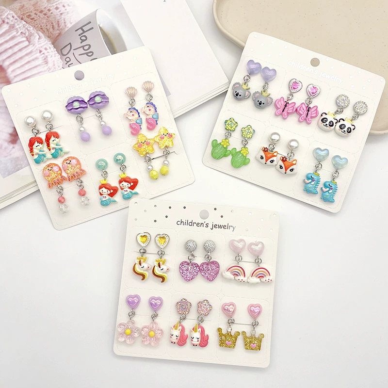 Детские мультяшные длинные зажимы для ушей, набор, серьги, подарок на день рождения