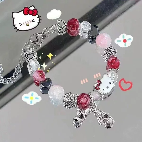 New Girl's Heart Pink Beaded KT Cat Bracelet Fashion Dopamine Cat Bell Bracelet Cartoon Bracelet